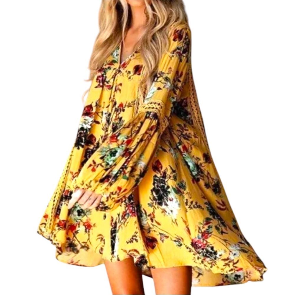 R. Vivimos Yellow Floral Boho Peasant Dress | Size Medium